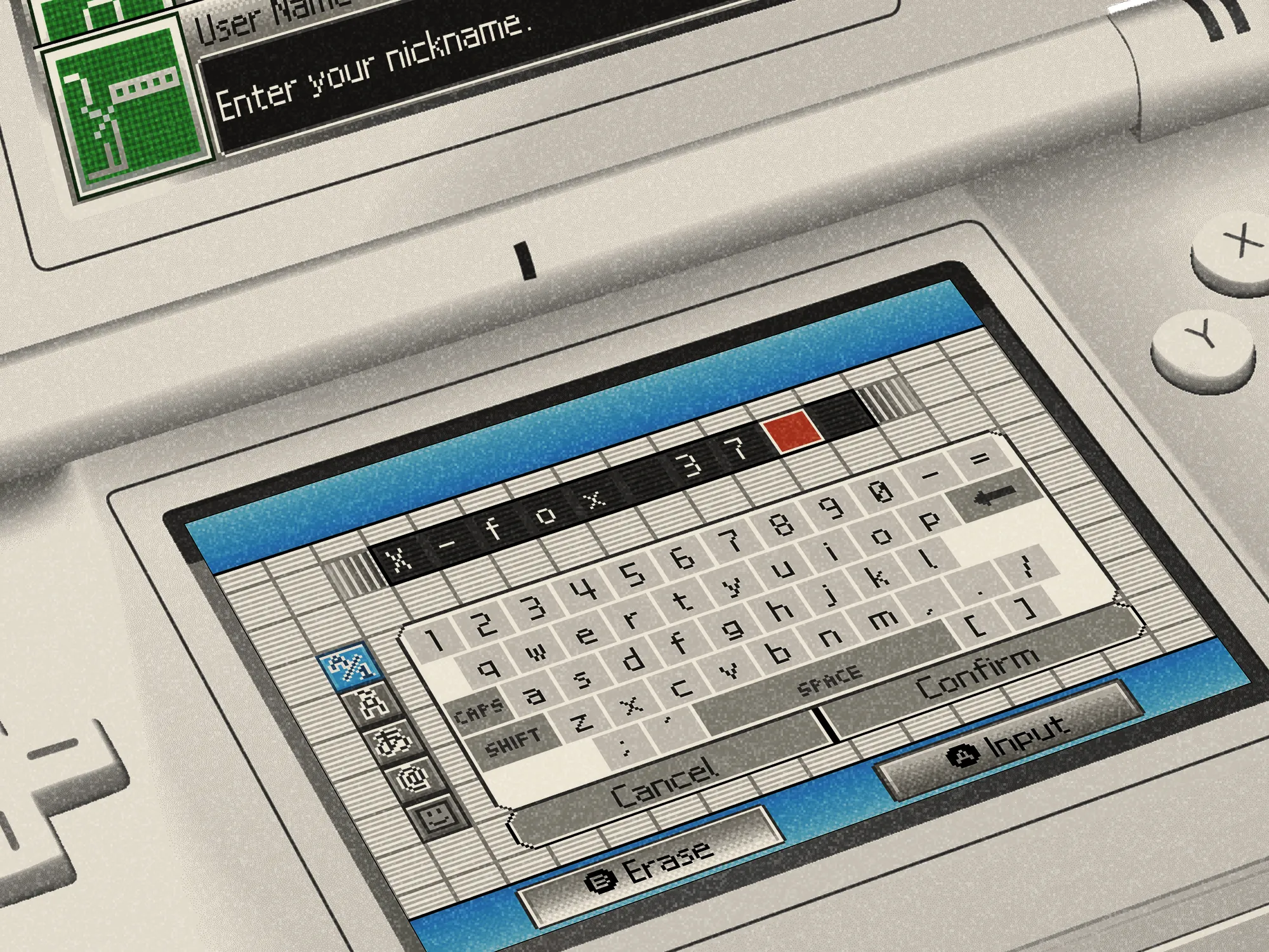 The username settings screen on a Nintendo DS Lite